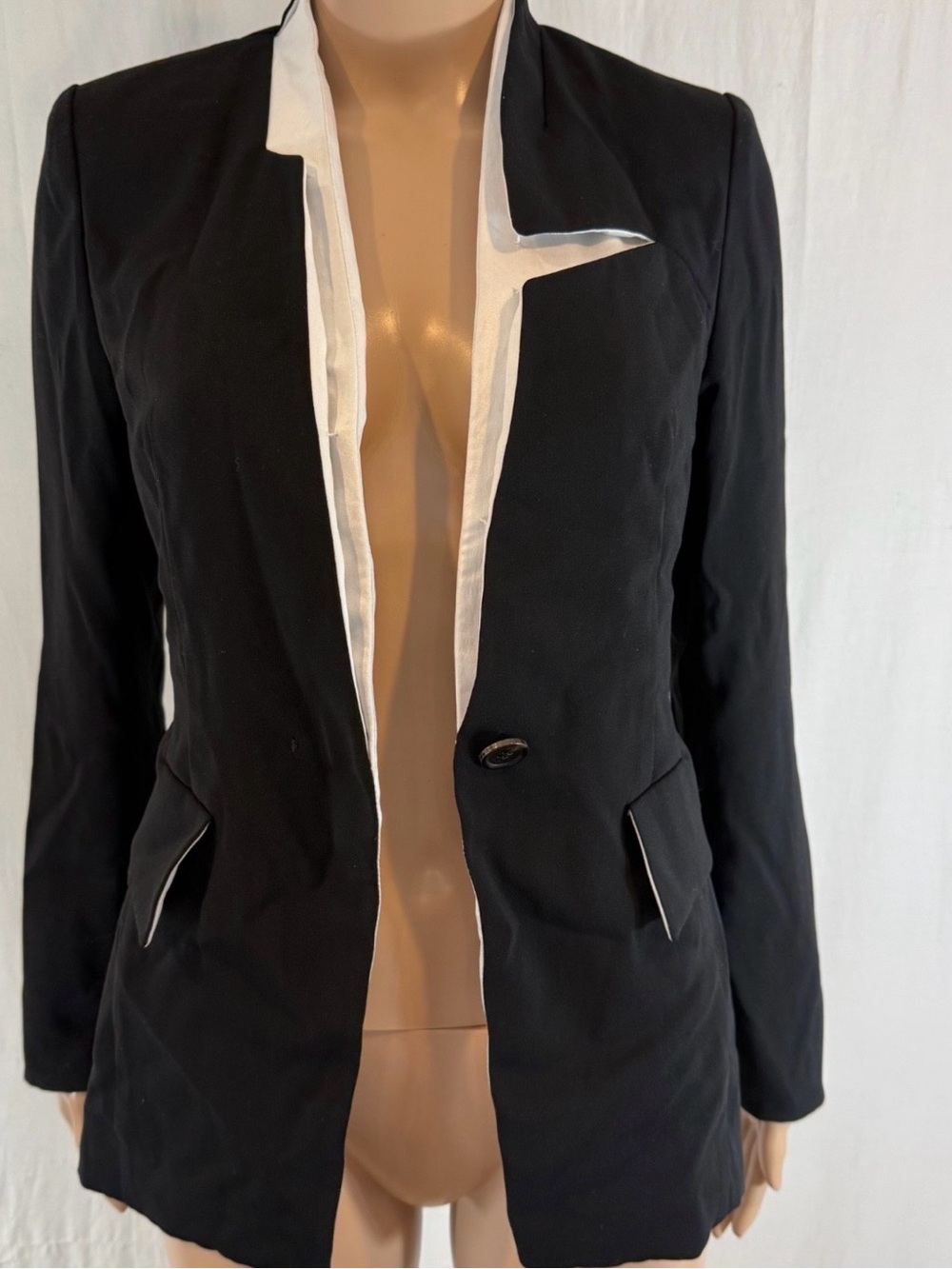 Black Blazer with White Trim - Tailored Single-Button Jacket